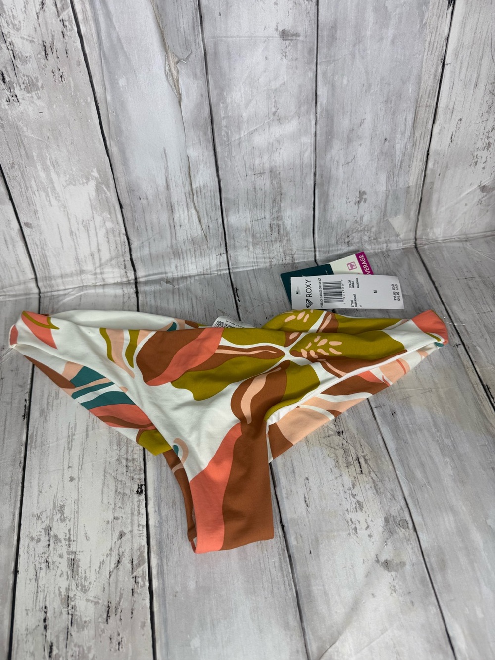 Roxy Olive, Coral and Brown Abstract Print Bikini Bottom